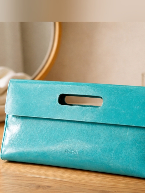 Furla Handbags - Furla teal leather clutch , Handbag Leather Made In Italy